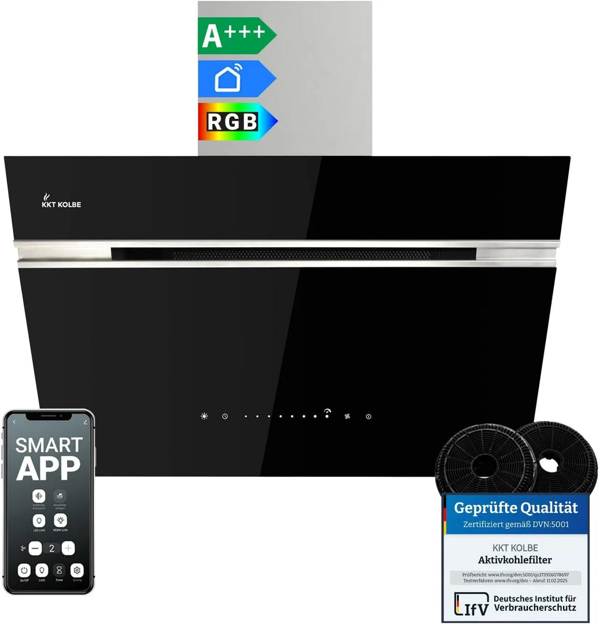 Dunstabzugshaube AURORA6005SE KKT KOLBE A+++, 60 cm 782 cbm, Smart WiFi App WLAN, h Umluft Abluft Kopffrei Wandhaube, in Schwarz Silber Edelstahl
