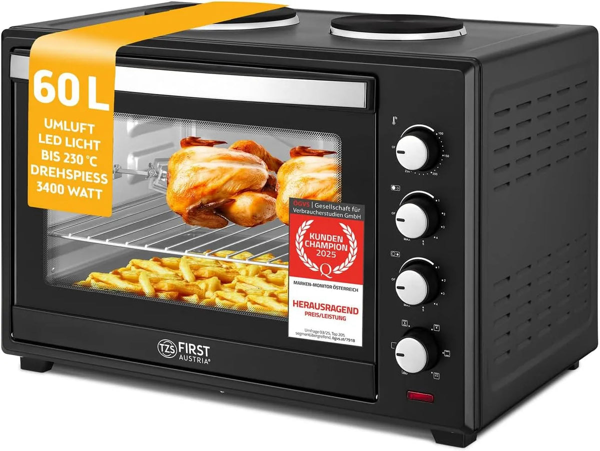 Backofen, Minibackofen mit Kochplatten 60L 3200 W, Mini Pizzaofen mit Herdplatten bis 230°C & 6 Heizmodi, TZS First Austria