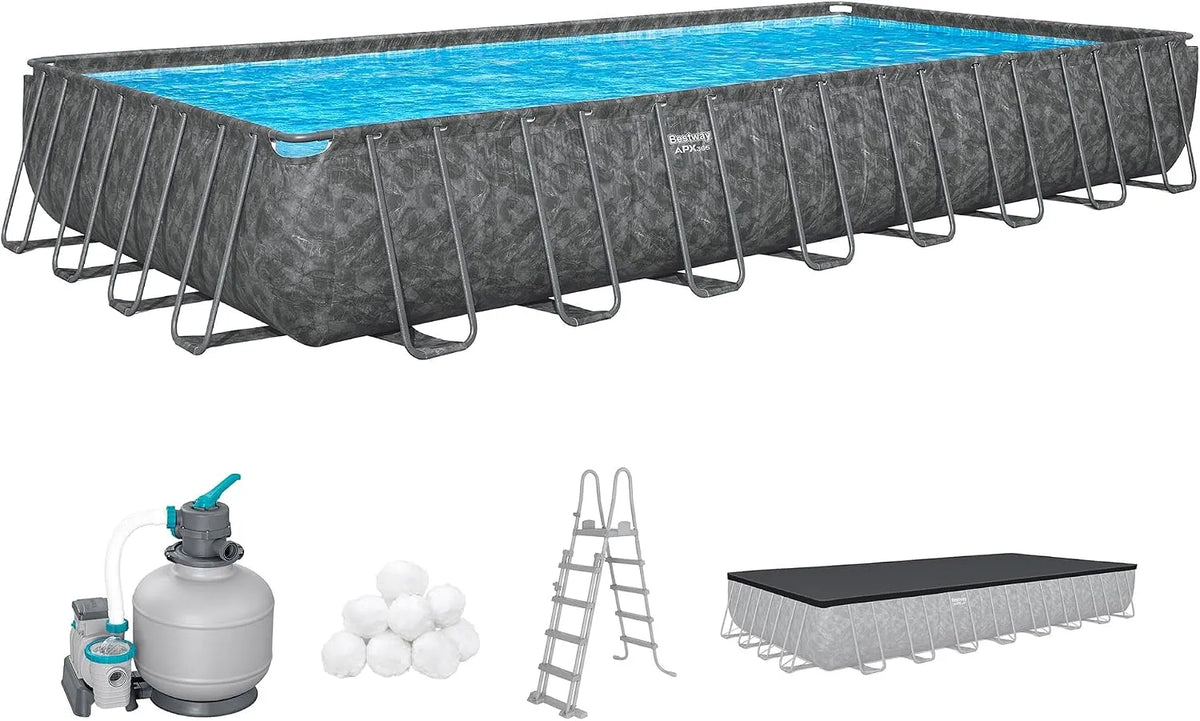 Bestway Pool APX365, Fassungsvermögen 52.231 L, Sandfilteranlage, ClickConnect System, Sicherheitsleiter, Maße 956 x 488 x 132 cm, Marmor-Optik