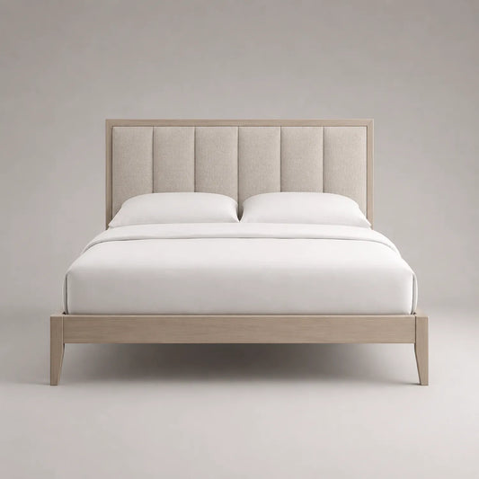 Doppelbett aus Eichenholz mit Leinenkopfteil 200x180x120cm