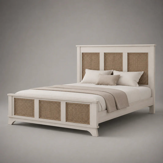 Holzbett mit Rattan 200x160 cm Weiß Natur