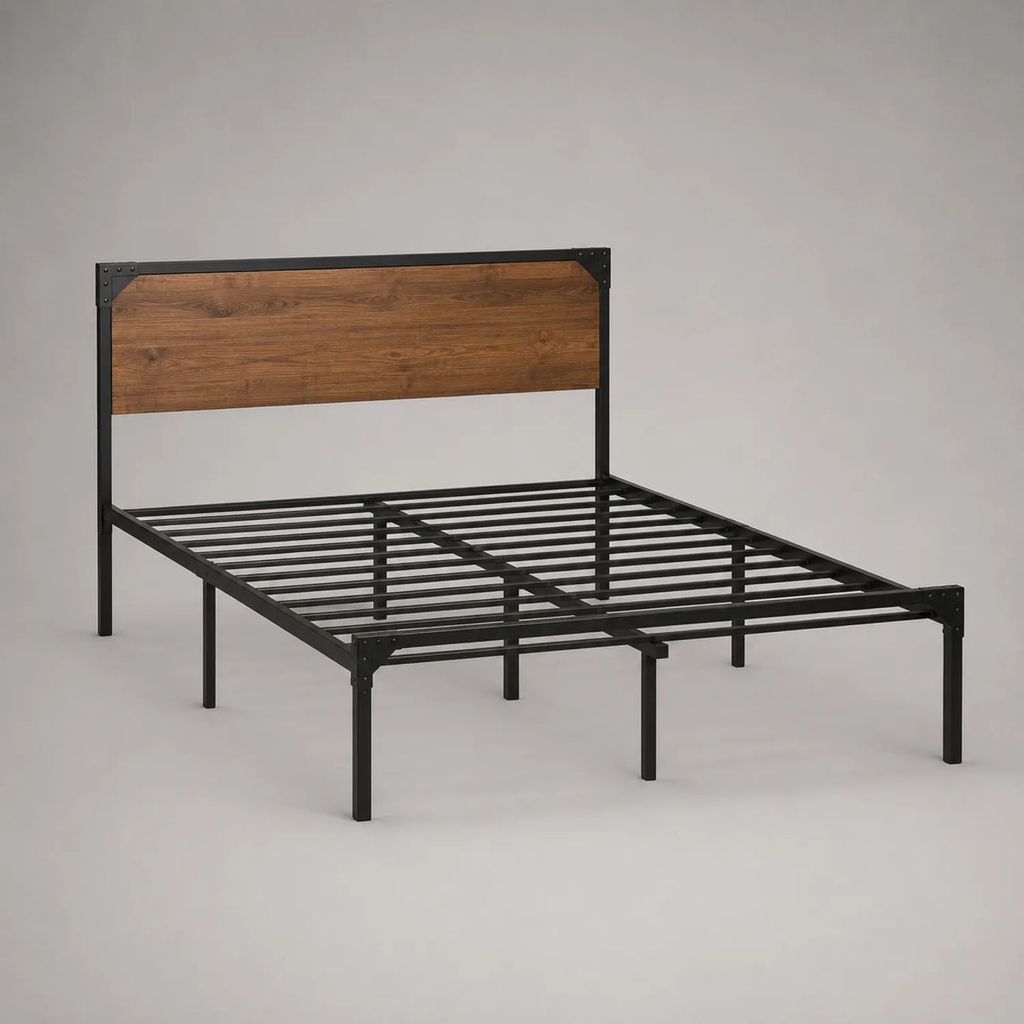 Metallbett mit Kopfteil aus MDF-Holzoptik 140x200 cm Schwarz