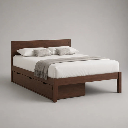 Holzbett mit Stauraum und Matratze, Walnussbraun