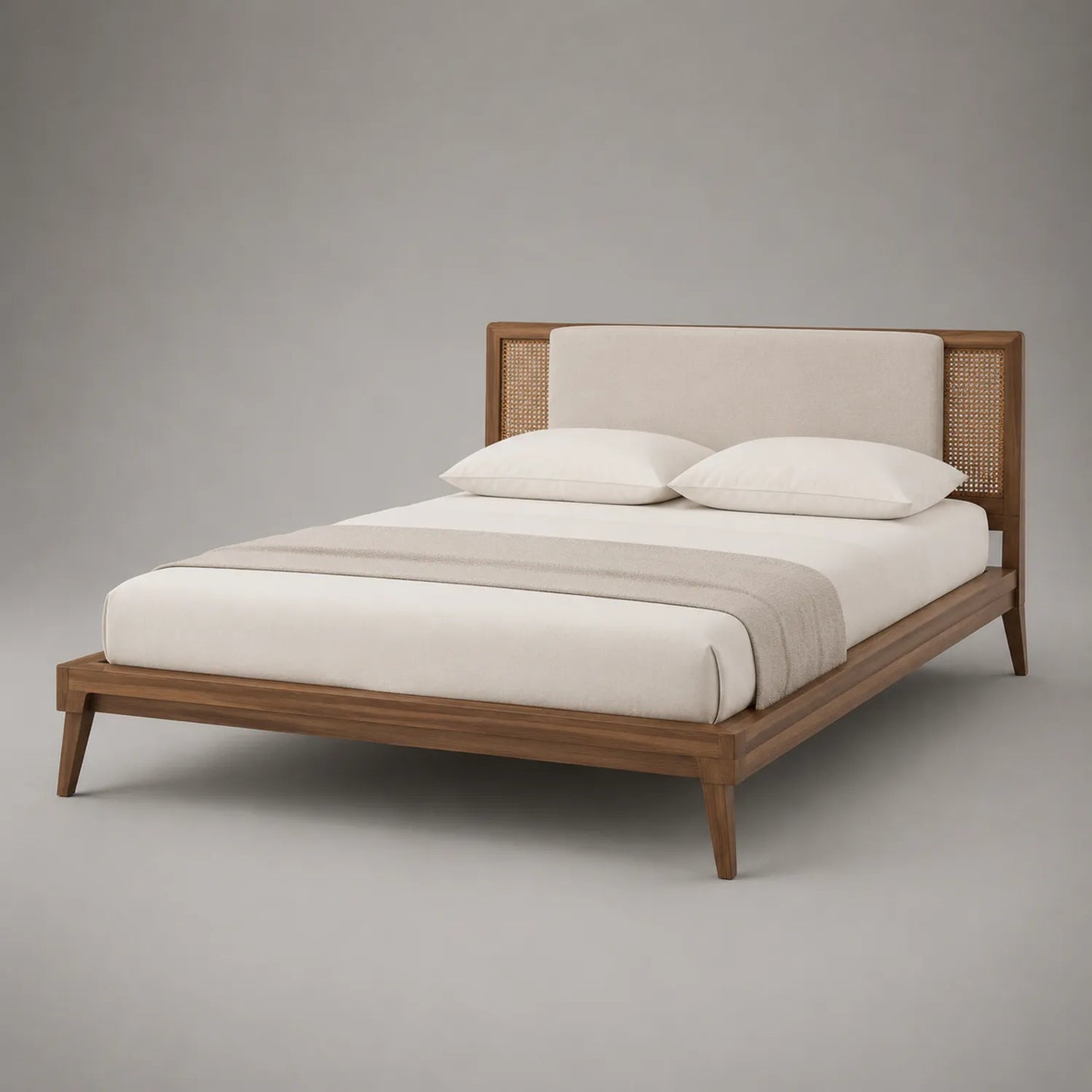 Holzbett mit Polsterkopfteil und Rattan 200x160 cm