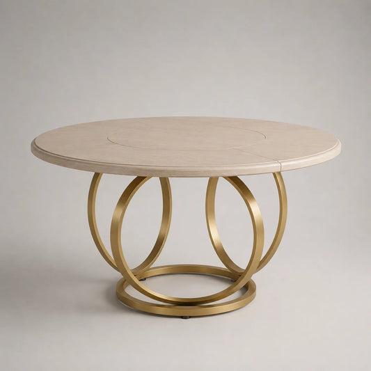 Runder Holztisch mit Metallfuß, 120 cm, Beige/Gold