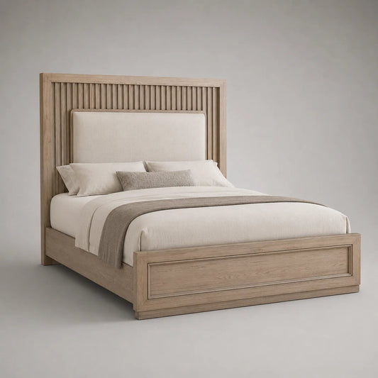 Holzbett mit gepolstertem Kopfteil aus Eiche 200x180 cm Beige