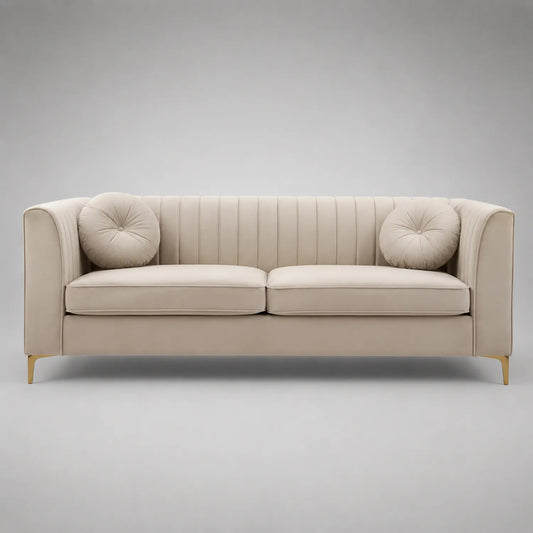 Beiges Samt Sofa mit 2 Rundkissen 220cm