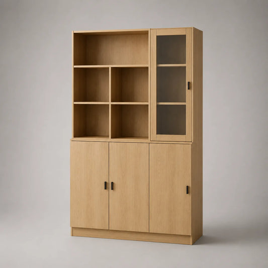 Bücherregal mit Vitrine aus Eichenholz und gehärtetem Glas 120 cm x 40 cm x 180 cm