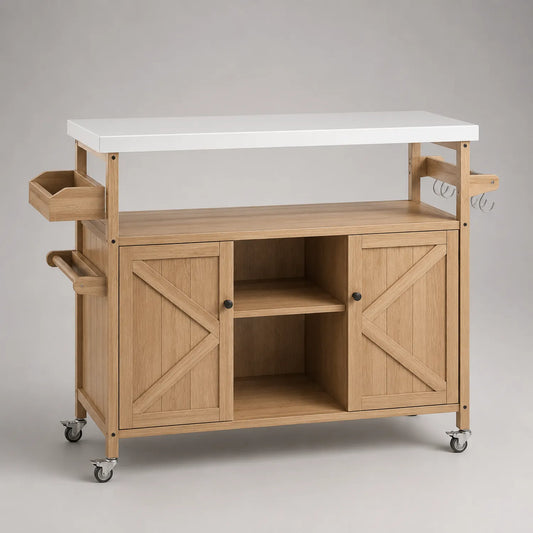 Küchenwagen aus Holz mit MDF-Arbeitsplatte und Rollen Weiß/Braun