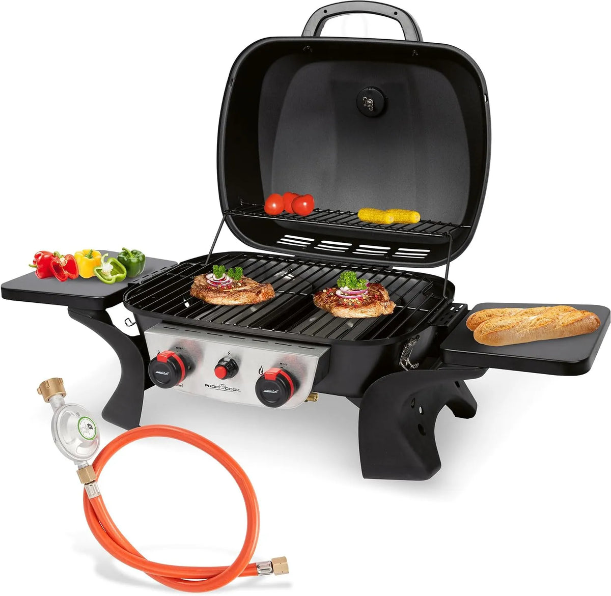 Gasgrill GG 1261 ProfiCook, mit 2 Edelstahlbrennern, Tischgrill inklusive. Gasdruckminderer & Gasschlauch, klein für Balkon & Camping, PC