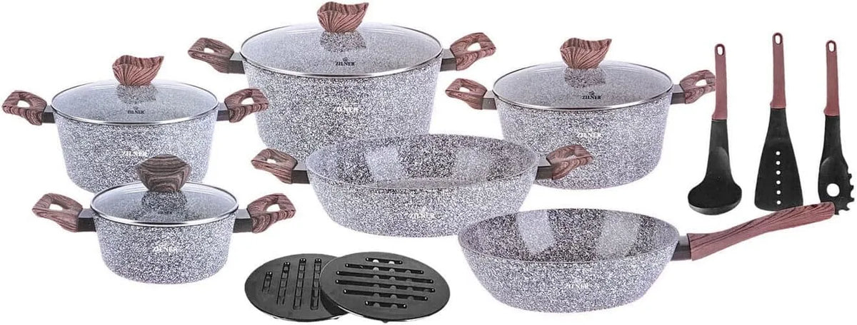 Topfset, Zilner Töpfe und Pfannen Set, mit Glasdeckeln, Farbe Grau, 15-teilig, Marmorbeschichtung und Keramikbeschichtung, für alle Herdarten