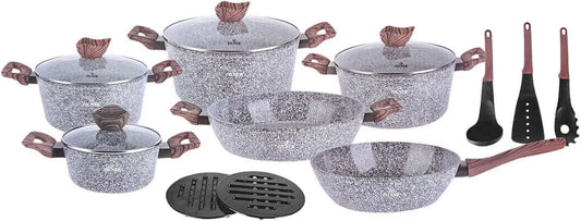 Topfset, Zilner Töpfe und Pfannen Set, mit Glasdeckeln, Farbe Grau, 15-teilig, Marmorbeschichtung und Keramikbeschichtung, für alle Herdarten