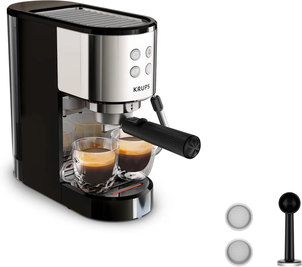 Krups Espresso-Siebträgermaschine XP441810, Bedienfeld mit 4 Funktionen, 15 bar, Virtuoso Essential Espresso, schlankes Design
