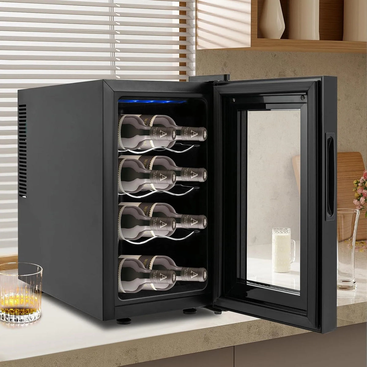 Kühlschrank, 8-Flaschen Weinkühler Weinkühlschrank Weinschrank Mini Weinklimaschrank Minibar Kleiner Weinkühlschrank für Wohnzimmer, Hause, Büro