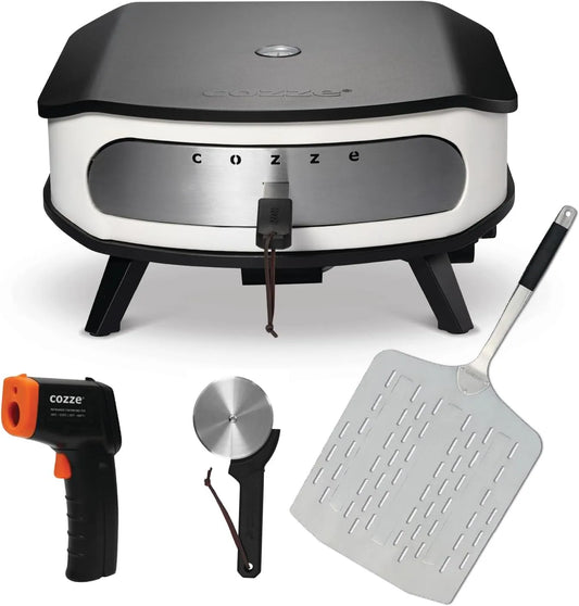 Cozze 17' Pizzaofen mit drehbarem Stein & LED + Geschenkset mit Pizzaschaufel, Thermometer & Pizzaschneider, Komplettes Pizzaerlebnis