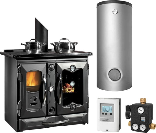 Termosuprema Anthrazit Wasserführender Küchenofen Komplett-Set Kombispeicher + 1 SWT KS1452 THKE 825 La Nordica