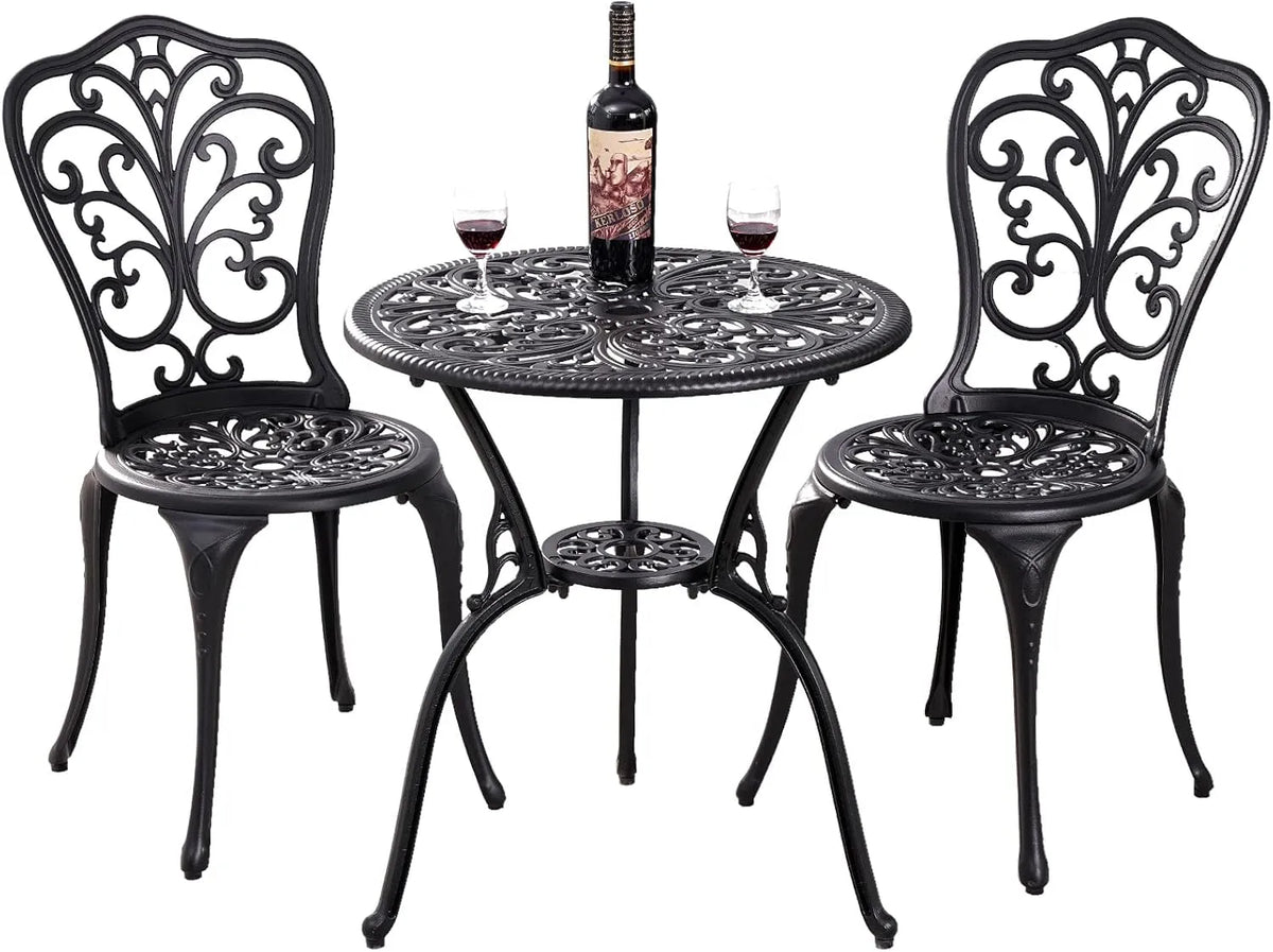 Set 3-teiliges Gartenbistro-Set Outdoor Bistro, Gusseisen-Bistrotisch mit 2 Stühlen, Kleiner Terrassentisch für Balkon, in Schwarz