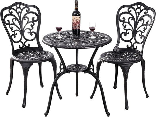 Set 3-teiliges Gartenbistro-Set Outdoor Bistro, Gusseisen-Bistrotisch mit 2 Stühlen, Kleiner Terrassentisch für Balkon, in Schwarz