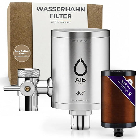 Duo Active Plus+ Trinkwasserfilter Edelstahl Natur Alb Filter, Wasserfilter Wasserhahn für sauberes Trinkwasser, Bakterien & Kalk