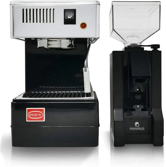 Espressomaschine 0820, LA GONDOLA Combo Set Quick Mill in schwarz und Kaffeemühle Eureka Made In Italy