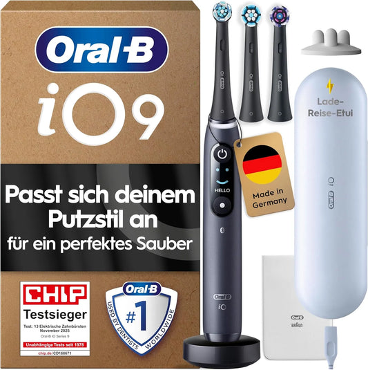 Braun Oral-B iO Series 9 Elektrische Zahnbürste, inklusive. 3 Aufsteckbürsten, 11/25, Designed by, CHIP Testsieger, 7 Modi für Zahnpflege