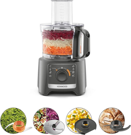 Kenwood Küchenmaschine FDP31.020GY, Schüssel 2,1 l, elektrischer Gemüseschneider zum Zerkleinern, Leistung 800 W, Reiben und Kneten