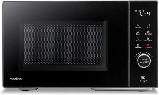 Mikrowelle MD12031 MEDION, Fassungsvermögen 23 Liter, 1000 Watt Grill, Fassungsvermögen 5 Leistungsstufen, mit Grill und Heißluft, Edelstahl, 900 Watt