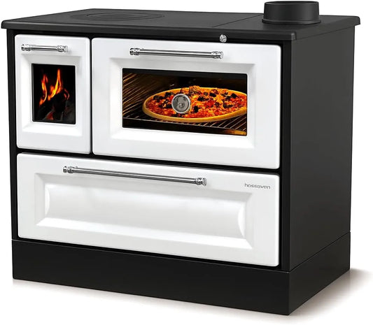 Kaminofen 4012, mit Backfach und Herdplatte Weiß Holzofen 8 kW Holz Ofen Mehrfachbelegung Kamin Heizofen Küchenherd