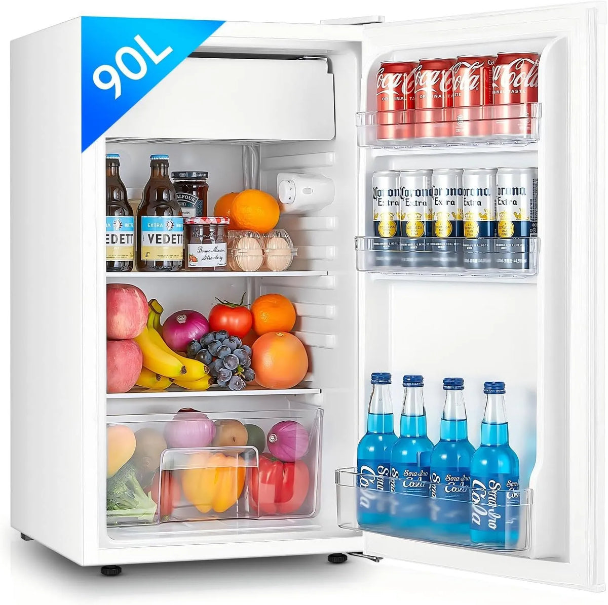 FOHERE Kühlschrank 84kWh/Jahr, 7 Einstellbare Temperaturregelung, Klein mit Obst- und Gemüsefach, Türanschlag wechselbar, Weiß, mit Gefrierfach 90L