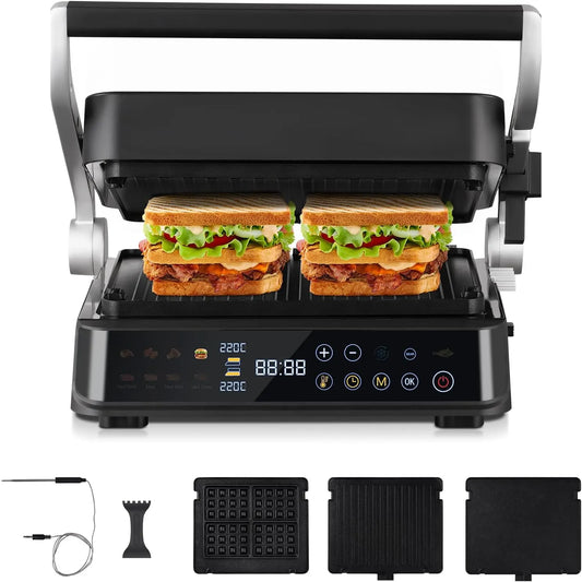 Grill, AMZCHEF XL Kontaktgrill 6-in-1 mit Temperaturfühler & GrillBoost 280℃, Elektrogrill mit 6 Programmen, 2 Zonen, 4 wechselbaren Platten, Steak