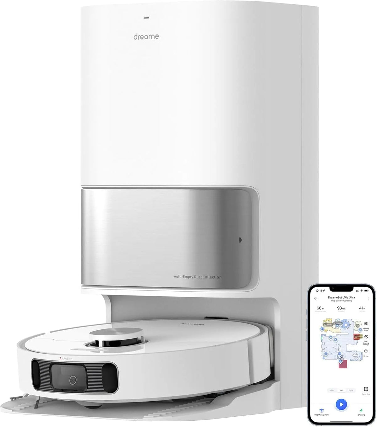 Dreame Saugroboter L10s 3D-Hinderniserkennung, 5300Pa Teppiche Tierhaare, Staubentleerung, WiFi, Weiß, Ultra mit Wischfunktion und automatische, APP