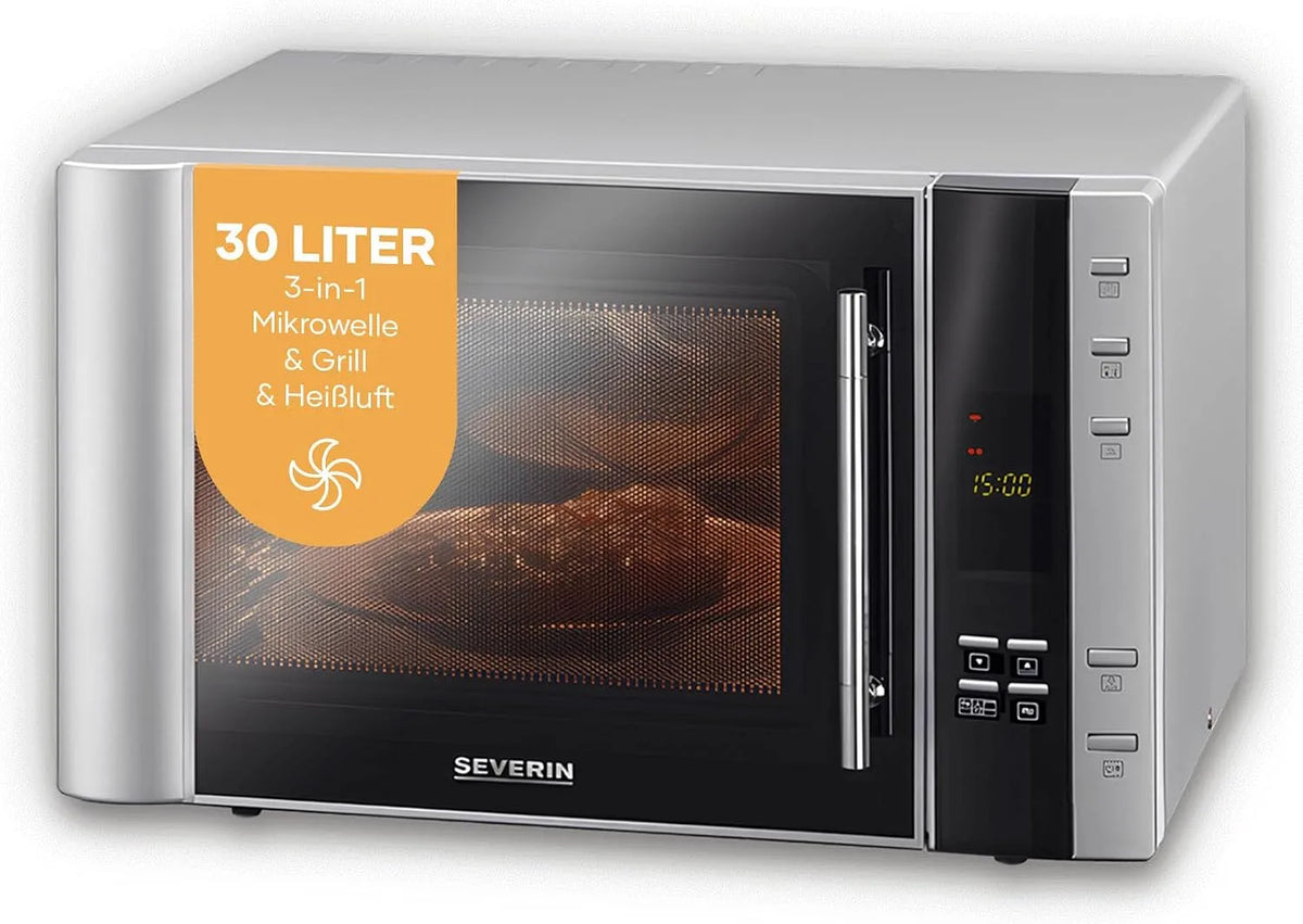 Severin Mikrowelle MW 7775, 3-in-1 mit Grill und Heißluftfunktion, Minibackofen mit 10 Automatik-Programmen, silber, in Schwarz
