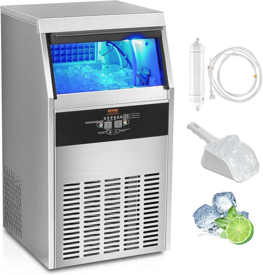 Vevor Eismaschine, Kommerzieller Eiswürfelbereiter 47 kg, Leichte Würfeleismaschine 15 kg Eisspeicherkapazität 50 Stk. Eiswürfel, 24 h
