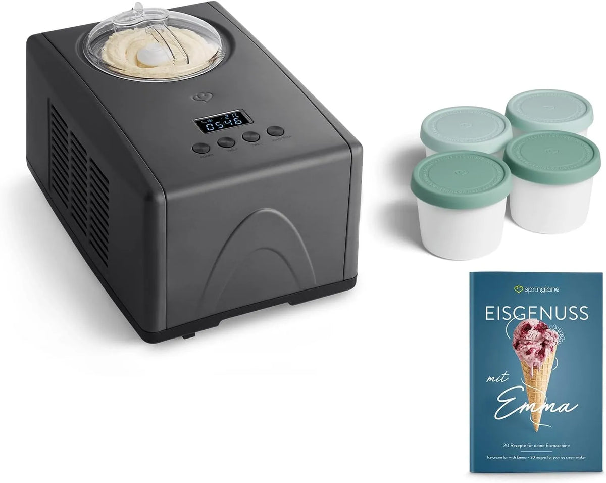Eismaschine SPRINGLANE, aus Edelstahl mit entnehmbarem Eisbehälter, Emma 1,5 L mit selbstkühlendem Kompressor 150 W, inklusive. Rezeptheft
