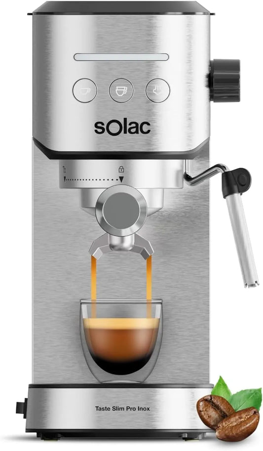 Espressomaschine, Fassungsvermögen 1 l, 2 Töpfe, Thermoblock-Heizung, Edelstahl, BPA-frei, 20 bar, Solac Taste Slim Pro Inox, Tassenwärmer