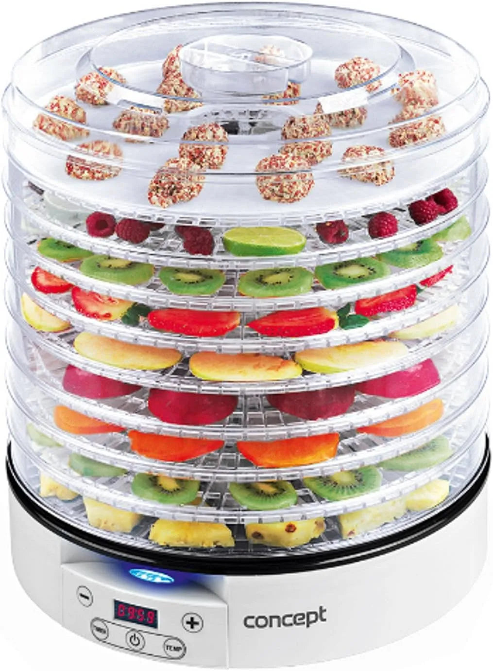 Tablet SO2020, Concept Dörrautomat Raw Food 500 W, 2 x Tabletts Raw, Thermostat Variable 35, 70 °C, 9 Tabletts weiß, LCD-Display, Timer Digital