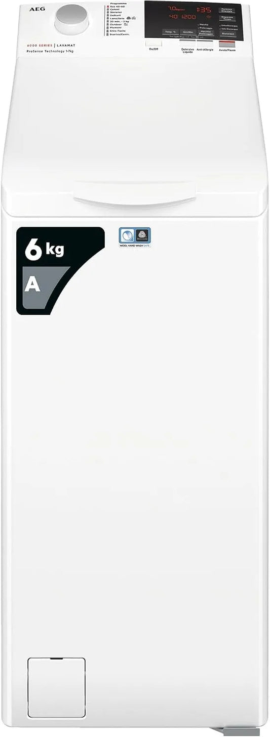 AEG Waschmaschine AEG 6000 1151, 6000 mit Toplader, Gewicht 6 kg, Drehzahl, 599 x 397 x 903 mm, Energieklasse A, Prosense-Technologie, Weiß