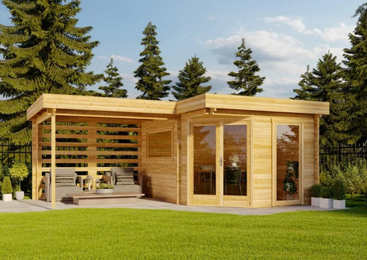 Gartenhaus, 5-Eck Pepe Optima aus Holz 618x462cm mit 40 mm Wandstärke in Naturbelassen