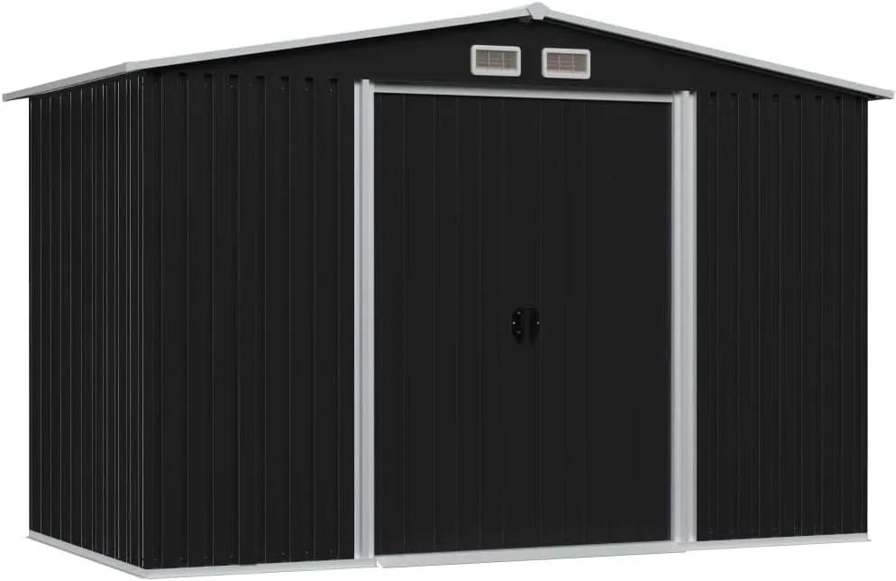 Gerätehaus Metall, Maße 257x205x178 cm, Mit 2 Entlüftungsöffnungen für die Lagerung, mit Pultdach, Schiebetür & Fundament, Anthrazit