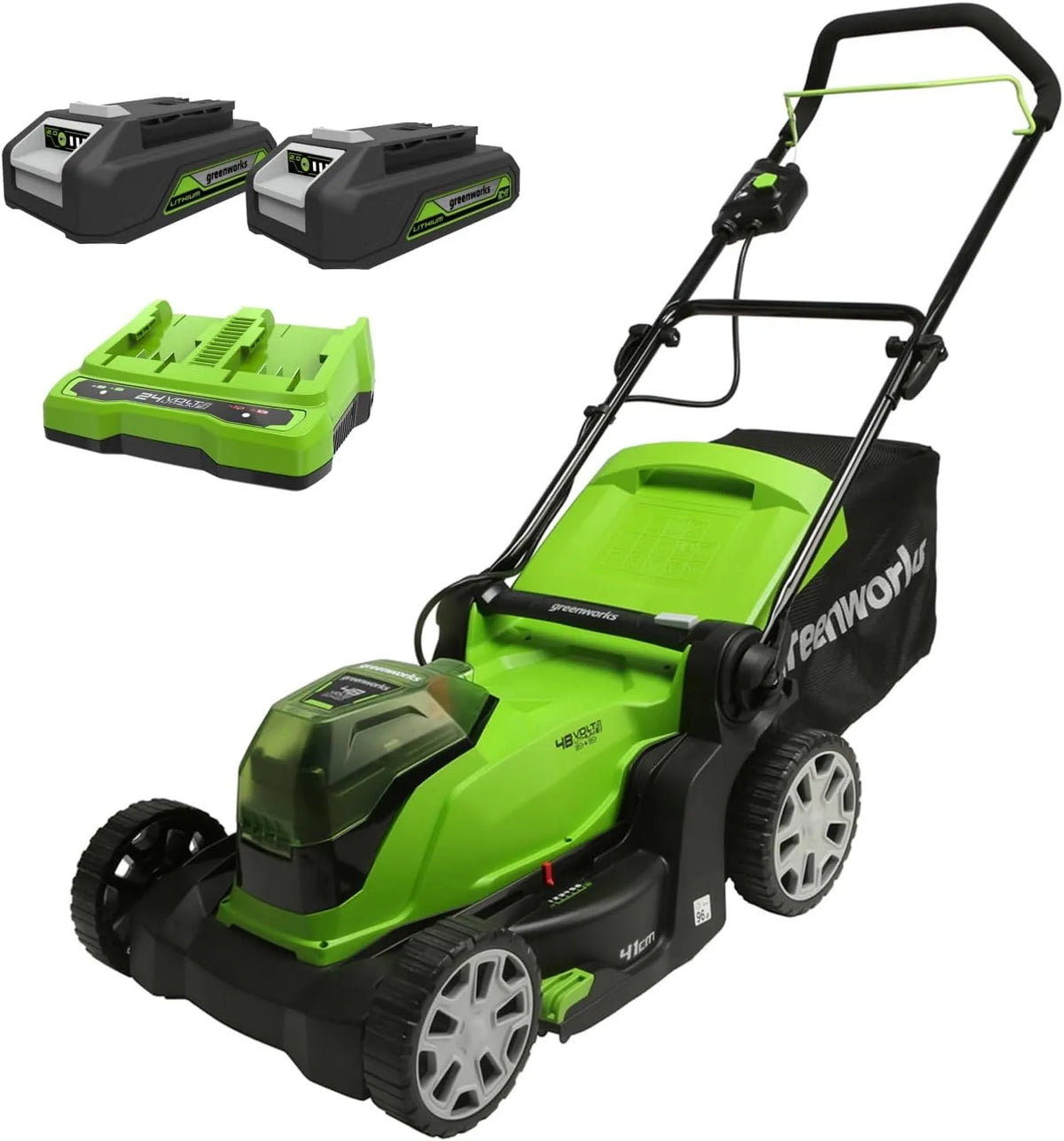 Greenworks Rasenmäher 2x24V G2x24LM41K2, Akku 48V, Li-Ion 41cm Schnittbreite bis zu 220m² 50L Grasfangkorb 6-fache zentrale