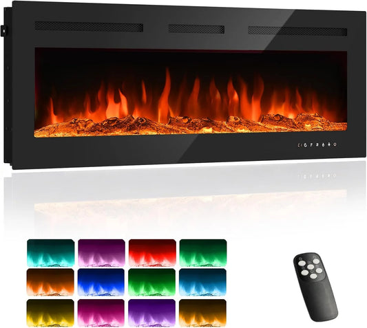 Elektrokamin, Wand- oder Einbaukamin mit 3D Flammeneffekt und 12 Flammenfarben, Leistung 1800W Kamin inklusive Fernbedienung, Timer & Thermostat