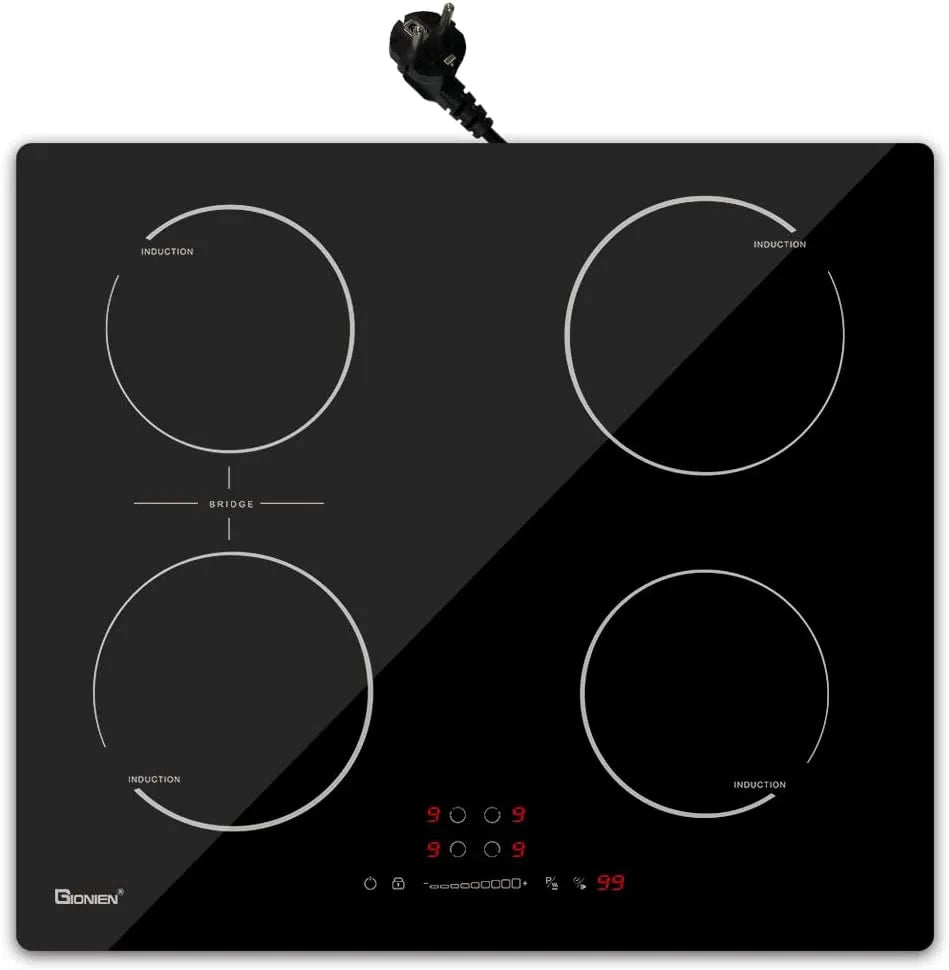 Induktionskochfeld 16Amp GITS470SPVDE GIONIEN, mit Stecker 60cm, 4 Kochstellen Herd,2800W, Integriertes Elektrokochfeld Plug in mit Brückenzone