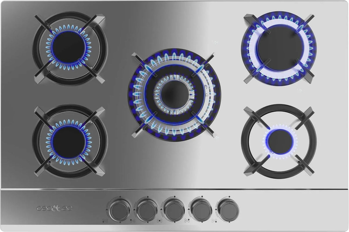 Cecotec Kochfeld 5200S, Einzelne Gusseisenroste, Butan- und Erdgas 5 Flammen Bolero Squad G Inox. 11000W, Edelstahl, Elektrische Zündung