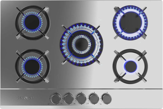 Cecotec Kochfeld 5200S, Einzelne Gusseisenroste, Butan- und Erdgas 5 Flammen Bolero Squad G Inox. 11000W, Edelstahl, Elektrische Zündung