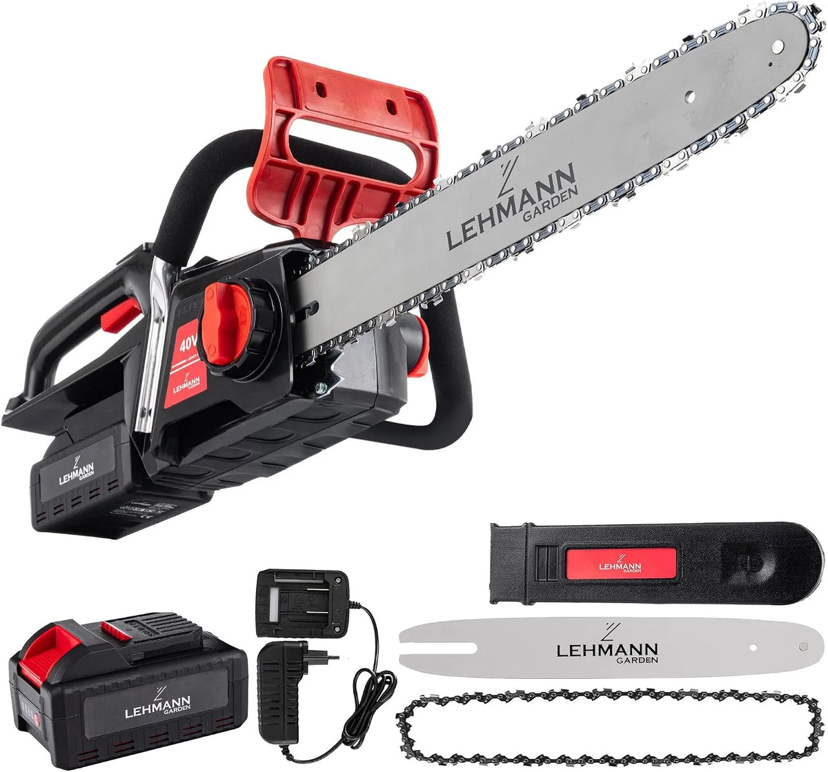 Kettensäge LEHMANN Akku, Kettensäge 40V, 40 cm Schnittlänge, Kettensäge akkubetrieben und Ladegerät, 19 m, Spannung 40V, Brushless Motor
