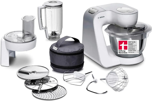 Bosch Küchenmaschine MUM58W20, Serie 4, Edelstahl-Schüssel 3,9 L, Mixer 1,25 L, Leistung 1000 W, 3 Scheiben, Knethaken, Durchlaufschnitzler, Weiß