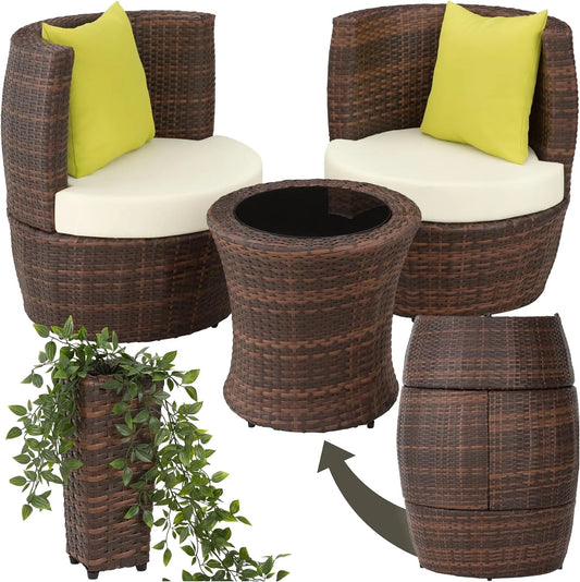 Stuhl Braun, Outdoor Sitzgruppe mit 2X, Balkonmöbel, Vase, mit Polster Kissen, tectake Rattan Set 2 Personen, 1 Beistelltisch rund, in Schwarz