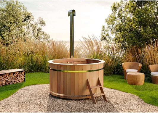 Bergen Holz Badefass, Hot Tub Ø 200 x 110 cm, inklusive. Edelstahl-Ofen 22 kW und Einstiegsleiter, 6-8 Personen, Schwimmbecken, Badebottich