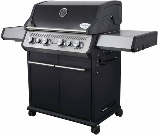 Gasgrill S-418 SANTOS, 4 Hauptbrenner, 800 °C Grillzone, in Schwarz, Heckbrenner, Backburner, Gussgrillroste, inklusive. Drehspieß