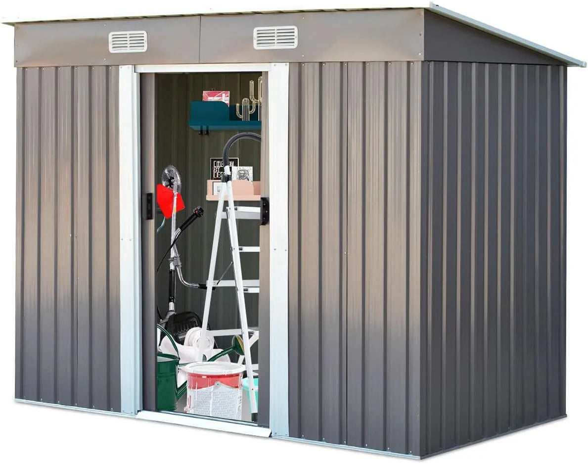 Gerätehaus HOMASIS, Maße 238x131x181cm, wetterfest Geräteschuppen mit Pultdach, Farbe Grau, Gartenhaus mit 2 Schiebetür & 4 Lüftungsfenster, Metall